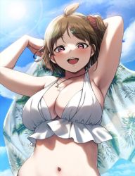 Rule 34 | 1girl, :d, armpits, arms up, bare shoulders, bikini, blue sky, blush, breasts, brown eyes, cleavage, day, hair ornament, highres, jewelry, large breasts, looking at viewer, navel, necklace, open mouth, original, outdoors, purple eyes, samemanma, short hair, side ponytail, sky, smile, solo, stomach, sun, swimsuit, white bikini