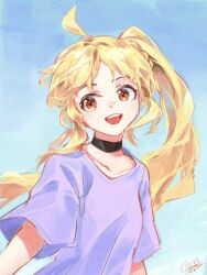 Rule 34 | 1girl, ahoge, blonde hair, bocchi the rock!, breasts, choker, clarenceman0605, collarbone, dated, highres, ijichi nijika, long hair, looking at viewer, open mouth, orange eyes, purple shirt, shirt, short sleeves, side ponytail, signature, small breasts, smile, solo, upper body