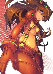 Rule 34 | 00s, 1girl, blue eyes, blue hair, blush stickers, bodysuit, brown hair, colorized, evangelion: 2.0 you can (not) advance, from below, hand on own hip, hip focus, long hair, matching hair/eyes, multicolored clothes, neon genesis evangelion, orange hair, plugsuit, rebuild of evangelion, red bodysuit, saltydanshark, see-through, see-through bodysuit, shiny clothes, skin tight, solo, souryuu asuka langley, test plugsuit, very long hair, wide hips
