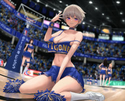 Rule 34 | 4girls, absurdres, artist name, basketball court, basketball hoop, blue choker, blue skirt, blush, breasts, cheerleader, choker, cleavage, clothes writing, collarbone, commentary request, grey hair, hand up, highres, large breasts, midriff, multiple girls, navel, off shoulder, original, pigone, pleated skirt, pom pom (cheerleading), purple eyes, shoes, short hair, sitting, skirt, smile, socks, thighs, twitter username, white footwear