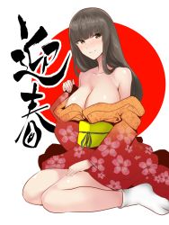 Rule 34 | 10s, 1girl, bags under eyes, bare legs, bare shoulders, black hair, blunt bangs, blush, breasts, brown eyes, cleavage, female focus, floral print, girls und panzer, grey hair, hand on own thigh, hifumi hajime, highres, hime cut, japanese clothes, kimono, large breasts, legs, light smile, long hair, long sleeves, looking at viewer, mature female, new year, nishizumi shiho, no shoes, obi, off shoulder, red kimono, rising sun flag, sash, shiny skin, sidelocks, sitting, smile, socks, solo, sunburst, tabi, wariza, wide sleeves