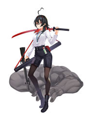 Rule 34 | 1girl, absurdres, ahoge, ankle boots, black-framed eyewear, black footwear, black hair, black pantyhose, black shorts, boots, breasts, closed mouth, collared shirt, enma-chan, full body, glasses, highres, holding, holding weapon, hololive, hololive english, id card, katana, long hair, long sleeves, looking at viewer, m16, m16a2, medium breasts, mk (lazymk), multicolored hair, nail polish, pantyhose, pantyhose under shorts, red eyes, red hair, semi-rimless eyewear, shirt, shorts, solo, standing, sword, takodachi (ninomae ina&#039;nis), virtual youtuber, weapon, white background, white shirt