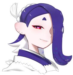 Rule 34 | 1girl, blue hair, cephalopod eyes, closed mouth, commentary request, cropped shoulders, eyeshadow, hachimaki, hair over one eye, headband, highres, iii tkg, long hair, looking at viewer, makeup, nejiri hachimaki, nintendo, octoling, red eyes, red eyeshadow, shiver (splatoon), simple background, smile, solo, splatoon (series), tentacle hair, thick eyebrows, upper body, white background