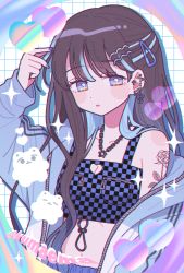 Rule 34 | 1girl, absurdres, arm up, black hair, blue eyes, blue hair, blush, bright pupils, clothing cutout, ear piercing, earrings, emma (kumaema), hair ornament, hairclip, heart, heart cutout, highres, jewelry, looking at viewer, midriff, multicolored hair, navel, necklace, original, piercing, solo, streaked hair, upper body, white pupils