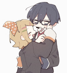 Rule 34 | 1boy, 1girl, black jacket, blue eyes, blue hair, bow, closed eyes, closed mouth, glasses, hair bow, jacket, kagamine rin, kaito (vocaloid), leo/need (project sekai), leo/need kaito, leo/need rin, nodori710, open mouth, orange bow, project sekai, short hair, simple background, smile, upper body, vocaloid, white background