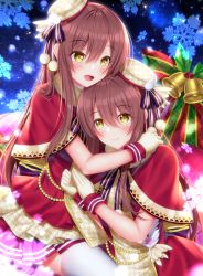 Rule 34 | 2girls, :d, beret, blush, bow, brown eyes, brown hair, capelet, christmas, closed mouth, commentary request, dress, gloves, hair between eyes, hat, houndstooth, hug, idolmaster, idolmaster shiny colors, long hair, multiple girls, open mouth, osaki amana, osaki tenka, plaid, plaid bow, print headwear, red capelet, red dress, siblings, sisters, sitting, smile, snowflakes, thighhighs, tilted headwear, very long hair, white gloves, white legwear, yunagi amane