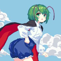 Rule 34 | 1girl, 999 (hansode), antennae, black cape, blue shorts, blue sky, cape, commentary, green eyes, green hair, highres, long sleeves, looking at viewer, open mouth, outdoors, red cape, sailor collar, shirt, short hair, shorts, sky, solo, touhou, two-tone cape, white shirt, wriggle nightbug