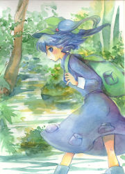 Rule 34 | 1girl, backpack, bag, blue eyes, blue hair, female focus, hair bobbles, hair ornament, hat, kawashiro nitori, matching hair/eyes, nature, plant, profile, solo, touhou, traditional media, tsuru (680597), twintails, two side up, water