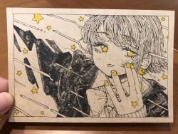 Rule 34 | 1girl, black jacket, earrings, hand up, highres, jacket, jewelry, kitamurashu, looking at viewer, monochrome, nail polish, original, photo (medium), sleeves past wrists, solo, spot color, star (symbol), traditional media, upper body, yellow eyes, yellow nails