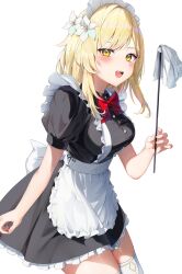 Rule 34 | 1girl, :d, alternate costume, apron, auui, black dress, blonde hair, blush, boots, bow, bowtie, breasts, collared dress, commentary, cowboy shot, dress, enmaided, eyelashes, flower, frilled apron, frilled dress, frills, genshin impact, hair flower, hair ornament, highres, impossible clothes, impossible dress, large breasts, lily (flower), looking at viewer, lumine (genshin impact), maid, maid apron, maid headdress, open mouth, puffy short sleeves, puffy sleeves, red bow, red bowtie, short hair with long locks, short sleeves, simple background, smile, solo, taut clothes, taut dress, teeth, thigh boots, thighhighs, upper teeth only, waist apron, white apron, white background, white bow, white flower, white footwear, white headdress, wing collar, yellow eyes, zettai ryouiki