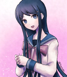 Rule 34 | 1girl, :d, artist name, blue eyes, blue sailor collar, bow, bowtie, danganronpa: trigger happy havoc, danganronpa (series), gradient background, hair ornament, hairclip, hands up, highres, long sleeves, looking at viewer, maizono sayaka, open mouth, own hands together, pink bow, pink bowtie, sailor collar, shirt, smile, solo, toyatopa, upper body, white shirt