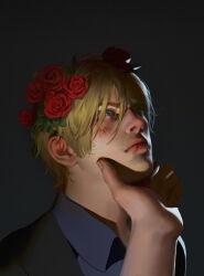 Rule 34 | 2boys, blood, blood from mouth, blood on face, blue eyes, blue shirt, brown hair, bulletproof vest, closed mouth, collared shirt, curtained hair, facial hair, flower, gradient background, hair flower, hair ornament, highres, injury, leon s. kennedy, male focus, multiple boys, red flower, red rose, resident evil, resident evil 6, rose, sgl08, shirt, short hair, solo focus