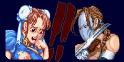 Rule 34 | !, !!, 1boy, 1girl, armband, vega (street fighter), blue background, blue dress, blue eyes, blush, braid, breasts, brown gloves, brown hair, bun cover, capcom, china dress, chinese clothes, chun-li, claws, dress, embarrassed, fingerless gloves, gloves, hair bun, large breasts, long hair, looking down, mask, nipples, one breast out, open mouth, pixel art, puffy sleeves, saiwai hiroshi, short sleeves, side bun, single hair bun, standing, street fighter, street fighter ii, teeth, topless male, torn clothes, upper body