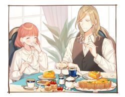 Rule 34 | 1boy, 1girl, ^ ^, blonde hair, blue skirt, blueberry, blush, bob cut, border, bow, bowtie, brown vest, buttoned cuffs, buttons, cake stand, camus (uta no prince-sama), choppy bangs, closed eyes, collared shirt, cookie, covering own mouth, creamer (vessel), cup, curtains, eating, flower, food, fork, fruit, hair behind ear, happy, holding, holding fork, holding knife, ice cream, indoors, knife, long sleeves, medium hair, nanami haruka, open collar, orange (fruit), orange slice, pink hair, plant, plate, saucer, shirt, short hair, skirt, smile, strawberry, sugar bowl, swept bangs, table, tablecloth, tart (food), tart slice, tea, teacup, thumbprint cookie, tubame-hien, upper body, uta no prince-sama, vest, white border, white bow, white bowtie, white flower, white shirt, window