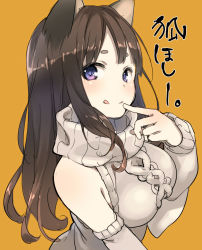 Rule 34 | 1girl, :p, animal ears, bare shoulders, breasts, brown hair, cat ears, detached sleeves, eyebrows, finger to mouth, fox ears, kiya machi, long hair, original, purple eyes, smile, solo, sweater, tongue, tongue out, translated, yellow background