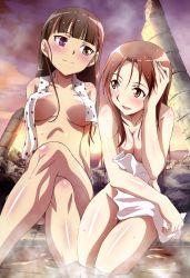 Rule 34 | 2girls, absurdres, bath, bathing, blush, body blush, breasts, brown eyes, brown hair, cleavage, cloud, covering privates, crossed legs, heterochromia, highres, long hair, medium breasts, minna-dietlinde wilcke, multiple girls, naked towel, non-web source, nude, nude cover, nyantype, official art, onsen, outdoors, purple eyes, red eyes, red hair, sakamoto mio, scan, sitting, sky, strike witches, tamura masafumi, towel, twilight, water, wet, world witches series