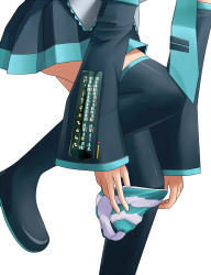 Rule 34 | 1girl, black thighhighs, boots, close-up, detached sleeves, dressing, eto, hatsune miku, necktie, no panties, panties, pantyshot, pleated skirt, simple background, skirt, solo, striped clothes, striped panties, thigh boots, thighhighs, underwear, upskirt, vocaloid, zettai ryouiki
