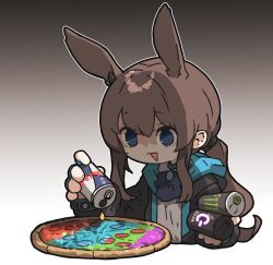 Rule 34 | 1girl, :d, amiya (arknights), amonitto, arknights, black jacket, blue eyes, brown hair, can, commentary request, cropped torso, energy drink, food, gradient background, grey background, hair between eyes, highres, holding, holding can, hood, hood down, hooded jacket, jacket, jewelry, long hair, long sleeves, low ponytail, monster energy, open clothes, open jacket, open mouth, pizza, ponytail, red bull, ring, shirt, smile, solo, upper body, very long hair, white background, white shirt, zone (energy drink)