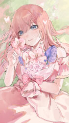 Rule 34 | 1girl, absurdres, alternate costume, blue eyes, blue hair, bouquet, bug, butterfly, closed mouth, commentary, detached sleeves, dress, flower, grass, hair between eyes, highres, holding, holding bouquet, insect, kani samurai, looking at viewer, megurine luka, pink dress, pink flower, pink hair, pink ribbon, purple flower, red ribbon, ribbon, sketch, smile, solo, symbol-only commentary, vocaloid