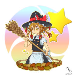 Rule 34 | 1girl, alternate hairstyle, apron, black skirt, black vest, blonde hair, blouse, blush, blush stickers, bow, braid, braided bangs, broom, buttons, closed mouth, commentary request, cowboy shot, dated, frilled apron, frills, front braid, frown, hair bow, holding, holding broom, kirisame marisa, long hair, multiple braids, puffy short sleeves, puffy sleeves, red bow, rope, shimenawa, shirt, short sleeves, side braid, signature, skirt, solo, star (symbol), too many bows, touhou, vest, waist apron, white apron, white shirt, yellow eyes, yukiman