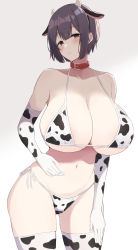 Rule 34 | 1girl, animal ears, animal print, areola slip, bikini, blush, breasts, brown eyes, brown hair, cleavage, collar, collarbone, cow print, embarrassed, fake animal ears, gloves, gradient background, highres, huge breasts, looking at viewer, original, print bikini, print gloves, print thighhighs, short hair, simple background, solo, swimsuit, tall female, thighhighs, white background, yukage