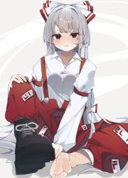 Rule 34 | 1girl, absurdres, ankle boots, black footwear, blush, boots, bow, collared shirt, commission, feet, fujiwara no mokou, full body, grey hair, hair bow, higa (gominami), highres, long hair, long sleeves, looking at viewer, open mouth, pants, pixiv commission, red eyes, red pants, shirt, sleeve garter, soles, solo, toes, touhou, white bow, white shirt