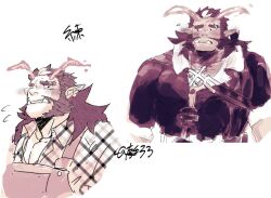 Rule 34 | 1boy, astar (live a hero), bara, blush, collage, colored skin, cropped torso, demon boy, fiery horns, forked eyebrows, horns, huge eyebrows, large pectorals, live a hero, male focus, mature male, monochrome, muscular, muscular male, mutton chops, nervous, niwa33 (kaimisosazai), ogre, pectorals, pointy ears, red skin, red theme, sideways glance, square head, streaked beard, tusks