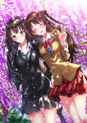 Rule 34 | 10s, 2girls, :d, ^ ^, black hair, blazer, blouse, bow, bowtie, brown hair, cardigan, closed eyes, collarbone, collared shirt, day, closed eyes, flower, green eyes, hair between eyes, highres, holding another&#039;s arm, hug, idolmaster, idolmaster cinderella girls, jacket, jewelry, locked arms, long hair, looking at viewer, multiple girls, necklace, necktie, open mouth, outdoors, plaid, plaid skirt, school uniform, shibuya rin, shimamura uzuki, shirt, side-by-side, skirt, smile, swordsouls, teeth, thighs, tree, upper teeth only, v, very long hair, white shirt, wisteria