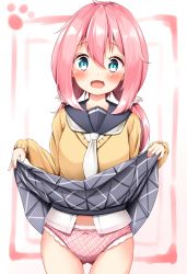 Rule 34 | 1girl, :d, blue eyes, blush, bow, bow panties, cardigan, clothes lift, commentary request, gluteal fold, grey skirt, hair between eyes, highres, kagamihara nadeshiko, lifting own clothes, long hair, long sleeves, looking at viewer, low twintails, mochiyuki, necktie, open mouth, panties, pink panties, plaid, plaid panties, plaid skirt, pleated skirt, school uniform, serafuku, shirt, skirt, skirt lift, smile, solo, thigh gap, twintails, underwear, white necktie, white shirt, yurucamp
