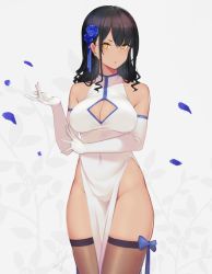 Rule 34 | 1girl, :o, bare shoulders, black hair, blue flower, blue rose, blush, breasts, brown thighhighs, chestnut mouth, china dress, chinese clothes, cleavage, cleavage cutout, clothing cutout, covered navel, cowboy shot, dress, elbow gloves, floral background, flower, girls&#039; frontline, gloves, grey background, groin, hair flower, hair ornament, hayabusa, highres, large breasts, long hair, looking at viewer, mole, mole under eye, no panties, parted lips, pelvic curtain, petals, rose, rose petals, sidelocks, sleeveless, sleeveless dress, slit pupils, solo, thighhighs, type 95 (girls&#039; frontline), wavy hair, white dress, white gloves, yellow eyes
