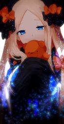 Rule 34 | 1girl, abigail williams (fate), black bow, black dress, black hat, blonde hair, blue eyes, blush, bow, commentary request, covered mouth, dress, fate/grand order, fate (series), forehead, glowing, hair bow, hand up, hat, head tilt, highres, hugging object, long hair, long sleeves, looking at viewer, orange bow, parted bangs, pekerika, polka dot, polka dot bow, simple background, sleeves past fingers, sleeves past wrists, solo, stuffed animal, stuffed toy, teddy bear, very long hair, white background
