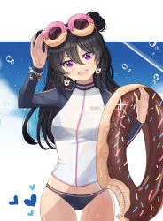 Rule 34 | 1girl, :d, artist name, bad id, bad pixiv id, bead bracelet, beads, black hair, blue sky, blush, bracelet, day, double bun, doughnut earrings, earrings, food-themed hair ornament, goggles, goggles on head, hair between eyes, hair bun, hair ornament, hand up, highres, innertube, jewelry, long hair, looking at viewer, open mouth, original, outdoors, purple eyes, risem, sky, smile, solo, standing, swim ring, thigh gap, water drop, wet