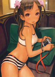 Rule 34 | 1girl, :p, bare shoulders, boyshort panties, bra, bracelet, breasts, brown hair, camera, camisole, cowboy shot, crop top, hair ornament, highres, jewelry, long hair, looking at viewer, lying, midriff, murata range, navel, on side, panties, purple eyes, reclining, scan, small breasts, solo, striped clothes, striped panties, tongue, tongue out, training bra, two side up, underwear, white bra, wristband