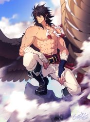 Rule 34 | 1boy, abs, bara, black hair, bulge, cloud, cloudy sky, crescentia fortuna, feather necklace, feathered wings, fire emblem, fire emblem: radiant dawn, full body, highres, large pectorals, leather, leather pants, looking to the side, male focus, medium hair, muscular, muscular male, navel, nintendo, nipples, pants, pectorals, pointy ears, topless male, sidelocks, sky, solo, spread wings, squatting, stomach, tibarn (fire emblem), white pants, wings, yellow eyes