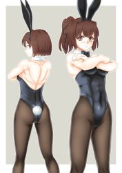 Rule 34 | 10s, 2girls, animal ears, ass, back-to-back, bow, bowtie, brown eyes, brown hair, crossed arms, detached collar, ekibyou, fake animal ears, hyuuga (kancolle), ise (kancolle), kantai collection, long hair, multiple girls, pantyhose, playboy bunny, ponytail, rabbit ears, rabbit tail, short hair, tail