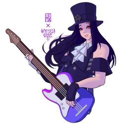 Rule 34 | 1other, ascot, asymmetrical gloves, asymmetrical sleeves, bare shoulders, bass guitar, black hair, electric guitar, gloves, guilty gear, guilty gear strive, guitar, hat, highres, holding, instrument, long hair, other focus, red eyes, solo, testament (guilty gear), top hat, white ascot, xenosweater