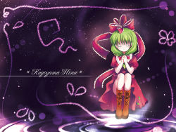 Rule 34 | 1girl, boots, bow, catbell, character name, closed eyes, female focus, front ponytail, green hair, hair bow, own hands clasped, highres, kagiyama hina, knee boots, long hair, own hands together, sitting, smile, solo, touhou, wallpaper