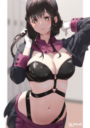 Rule 34 | 1girl, aya (jonsun), black hat, black shirt, black skirt, blurry, blurry background, breasts, brown eyes, brown hair, cleavage, closed mouth, commentary request, gloves, hat, jonsun, large breasts, long sleeves, medium hair, miniskirt, mole, mole on stomach, navel, original, shirt, skirt, solo, twitter username, white gloves