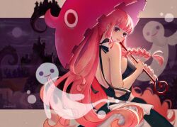 Rule 34 | 1girl, black dress, blunt bangs, braid, castle, commentary, dress, english commentary, ghost, highres, holding, holding umbrella, long hair, looking at viewer, looking back, night, one piece, panpann2413, perona, pink hair, sidelocks, solo, twitter username, umbrella, upper body