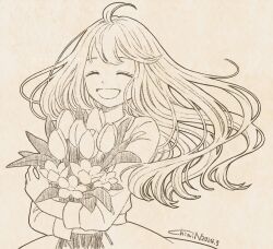 Rule 34 | 1girl, ^ ^, antenna hair, bouquet, chiori n, closed eyes, commentary, dated, dress, facing viewer, floating hair, flower, highres, holding, holding bouquet, lineart, long hair, monochrome, original, signature, simple background, smile, solo, symbol-only commentary, tulip, watermark