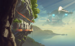 Rule 34 | awning, cliff, crane (machine), mountain, no humans, ocean, original, realistic, scenery, science fiction, spacecraft, sunlight, technoheart, tree