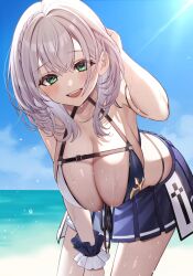 Rule 34 | 1girl, alternate costume, beach, bikini, blue skirt, braid, breast strap, breasts, cleavage, commentary request, double-parted bangs, fanged bangs, french braid, front-tie bikini top, front-tie top, green eyes, grey hair, tucking hair, halterneck, hanging breasts, highres, hololive, large breasts, leaning forward, lens flare, looking at viewer, medium hair, ocean, open mouth, parted hair, pleated skirt, shirogane noel, shirogane noel (summer 2020), skirt, smile, solo, swimsuit, toramaru (toramal9831), two-tone bikini, virtual youtuber, wavy hair