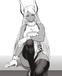 Rule 34 | 1girl, animal ears, bare shoulders, boku no hero academia, breasts, commentary, crescent print, dark-skinned female, dark skin, english commentary, fur collar, gloves, greyscale, highleg, highleg leotard, highres, knee up, large breasts, leotard, long eyelashes, long hair, looking at viewer, mirko, monochrome, parted bangs, parted lips, rabbit ears, rabbit girl, sitting, sleeveless turtleneck leotard, smile, solo, speedl00ver, taut leotard, thighhighs, thighs, toned, very long hair