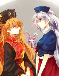 Rule 34 | 3girls, animal ears, blue eyes, chinese clothes, crescent, cross, dress, eye contact, face-to-face, female focus, hat, junko (touhou), kutsuki kai, long hair, long sleeves, looking at another, multiple girls, necktie, nurse cap, orange hair, puffy short sleeves, puffy sleeves, purple hair, rabbit ears, red cross, red eyes, red necktie, reisen udongein inaba, sash, shaded face, short sleeves, silver hair, smile, sweat, tabard, touhou, upper body, wide sleeves, yagokoro eirin