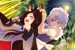 Rule 34 | 3girls, :&lt;, animal ears, apron, bad id, bad pixiv id, bamboo, bamboo forest, blue eyes, bow, braid, brooch, brown hair, closed eyes, covering own mouth, dress, dutch angle, eargasm, ex-keine, fang, fingernails, forest, full moon, grabbing another&#039;s ear, green hair, hair bow, hand in own hair, hand on another&#039;s ear, horn ornament, horn ribbon, horns, imaizumi kagerou, izayoi sakuya, jewelry, kamishirasawa keine, layered dress, leaf, leaning back, light particles, light trail, long fingernails, long hair, long sleeves, looking at another, maid headdress, moon, motion lines, multiple girls, nature, night, night sky, open mouth, purua (eriusandvioletta), red eyes, ribbon, sharp fingernails, short hair, short sleeves, silver hair, sky, touhou, twin braids, uncommon stimulation, waist apron, wolf ears