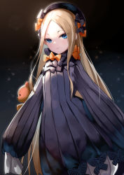 Rule 34 | 1girl, abigail williams (fate), absurdres, black bow, black dress, black hat, blonde hair, bloomers, blue eyes, blush, bow, breasts, dress, fate/grand order, fate (series), forehead, hair bow, hat, highres, long hair, long sleeves, looking at viewer, mo (this-is-mo), multiple hair bows, orange bow, parted bangs, polka dot, polka dot bow, ribbed dress, sleeves past fingers, sleeves past wrists, small breasts, sparkle, stuffed animal, stuffed toy, teddy bear, underwear, white bloomers