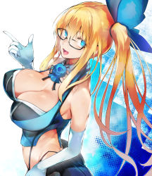 Rule 34 | 1girl, bare shoulders, blonde hair, blue eyes, blue flower, blue rose, blush, breasts, cleavage, elbow gloves, flower, gloves, hair ribbon, highleg, highres, large breasts, long hair, looking at viewer, midriff, mirai akari, mirai akari project, nishiide kengorou, open mouth, ribbon, rose, side ponytail, simple background, skirt, smile, solo, virtual youtuber, white gloves