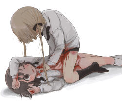 Rule 34 | 2girls, black eyes, black panties, black ribbon, black socks, bleeding, blonde hair, blood, blood on clothes, blood on hands, blood on mouth, blush, bra, brown hair, commentary request, empty eyes, facing another, facing down, feet out of frame, girl on top, hair ribbon, highres, kill me baby, long hair, looking at another, multiple girls, no pants, no shoes, one eye closed, open clothes, open shirt, oribe yasuna, panties, parted lips, pink bra, pink panties, reaching, ribbon, socks, sonya (kill me baby), straddling, twintails, underwear, yasashii naizou, yuri