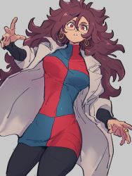 Rule 34 | 1girl, android 21, breasts, checkered clothes, checkered dress, dragon ball, dragon ball fighterz, dress, earrings, glasses, grey background, hoop earrings, jewelry, kemachiku, lab coat, long hair, looking at viewer, medium breasts, pantyhose, red eyes, red hair, simple background, solo
