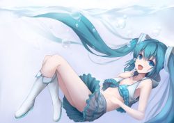 Rule 34 | 1girl, :d, bikini, bikini top only, blue bikini, blue eyes, blue hair, boots, breasts, bubble, cleavage, finger to mouth, floating hair, from side, full body, grey skirt, hair between eyes, hatsune miku, index finger raised, knee boots, kuronosu (yamada1230), layered skirt, long hair, miniskirt, open mouth, pleated skirt, skirt, small breasts, smile, solo, striped bikini, striped bikini top, striped clothes, swimsuit, twintails, very long hair, vocaloid, white footwear